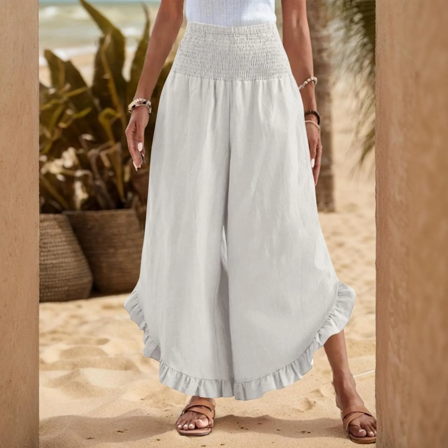 lcyhony Linen Pants Women Summer Palazzo Smocked Waist Ruffle Hem Wide Leg Pants Baggy Flowy Vacation Beach Pant with Pockets