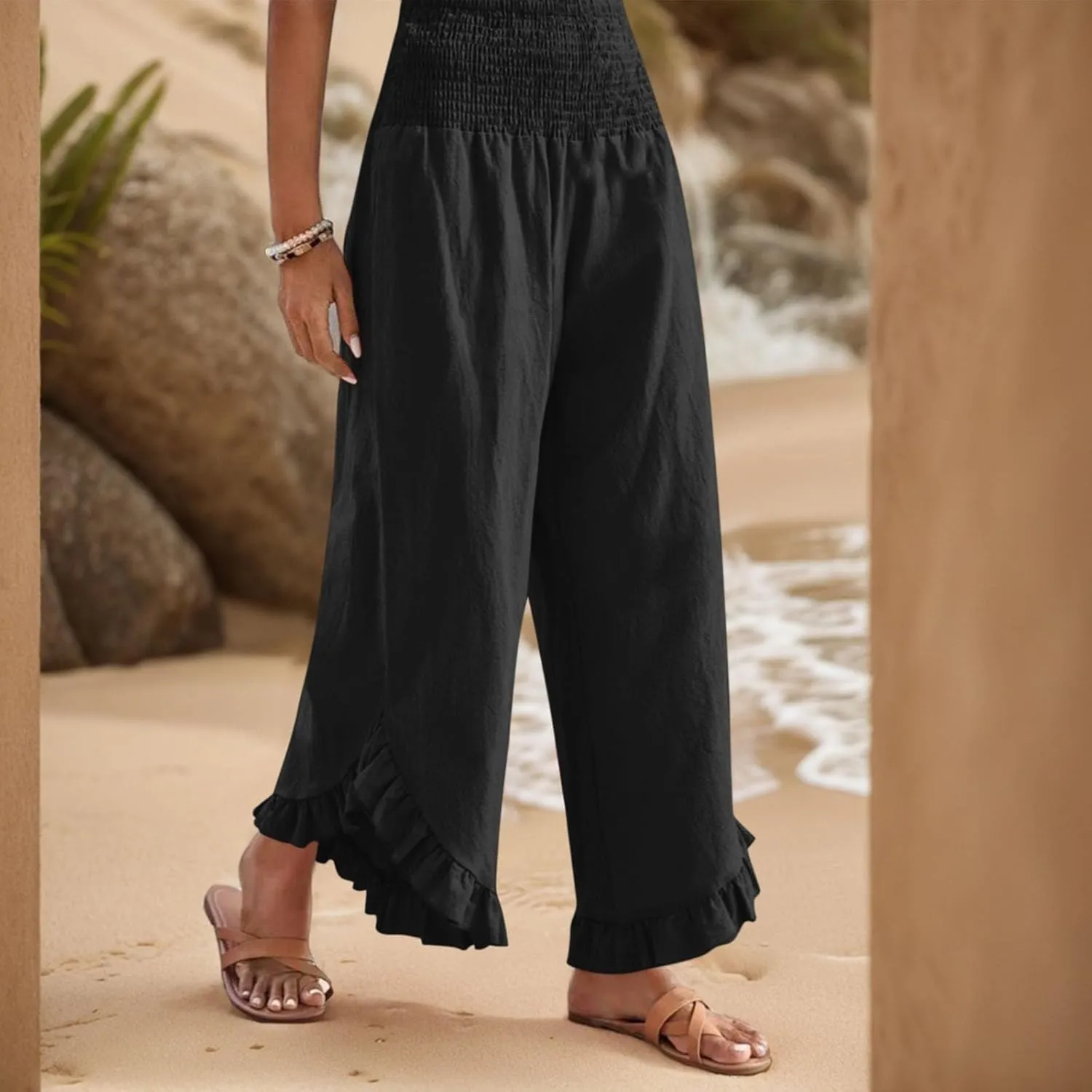 lcyhony Linen Pants Women Summer Palazzo Smocked Waist Ruffle Hem Wide Leg Pants Baggy Flowy Vacation Beach Pant with Pockets
