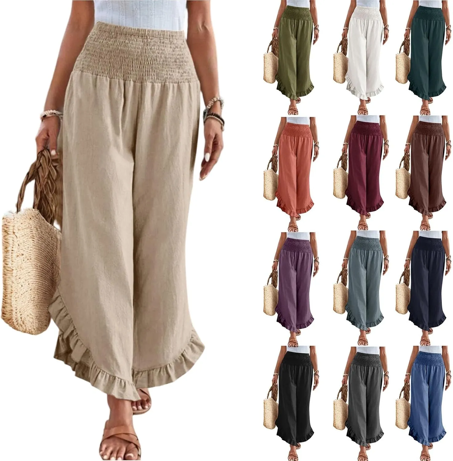 lcyhony Linen Pants Women Summer Palazzo Smocked Waist Ruffle Hem Wide Leg Pants Baggy Flowy Vacation Beach Pant with Pockets