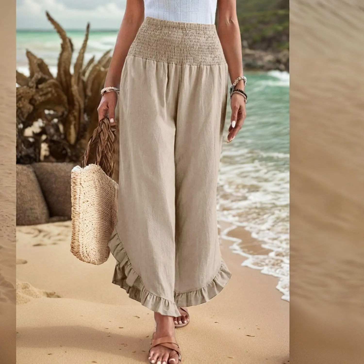 lcyhony Linen Pants Women Summer Palazzo Smocked Waist Ruffle Hem Wide Leg Pants Baggy Flowy Vacation Beach Pant with Pockets