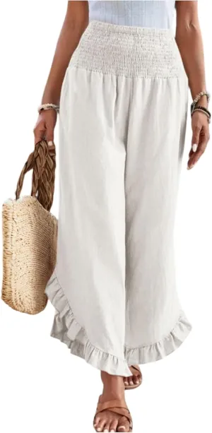 lcyhony Linen Pants Women Summer Palazzo Smocked Waist Ruffle Hem Wide Leg Pants Baggy Flowy Vacation Beach Pant with Pockets