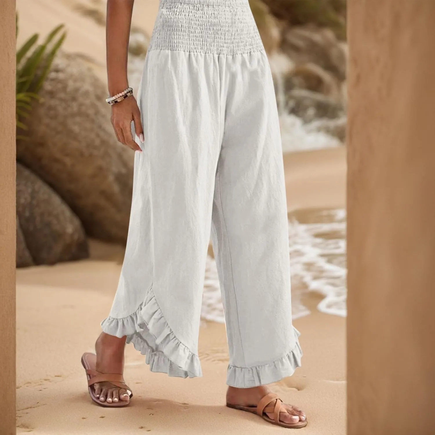 lcyhony Linen Pants Women Summer Palazzo Smocked Waist Ruffle Hem Wide Leg Pants Baggy Flowy Vacation Beach Pant with Pockets