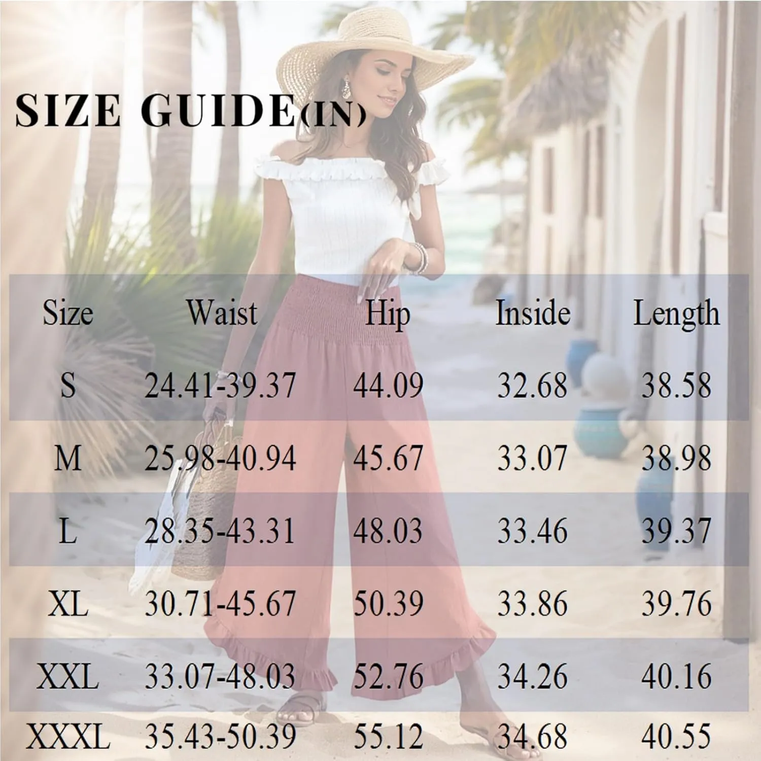 lcyhony Linen Pants Women Summer Palazzo Smocked Waist Ruffle Hem Wide Leg Pants Baggy Flowy Vacation Beach Pant with Pockets