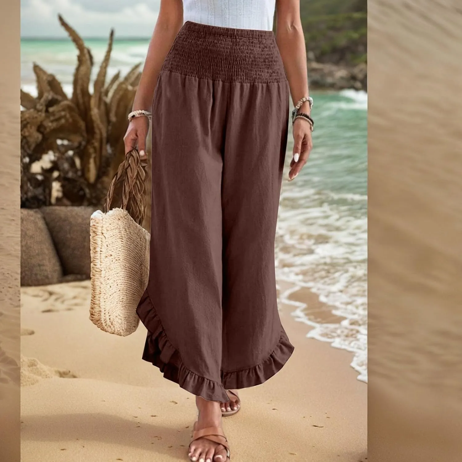 lcyhony Linen Pants Women Summer Palazzo Smocked Waist Ruffle Hem Wide Leg Pants Baggy Flowy Vacation Beach Pant with Pockets