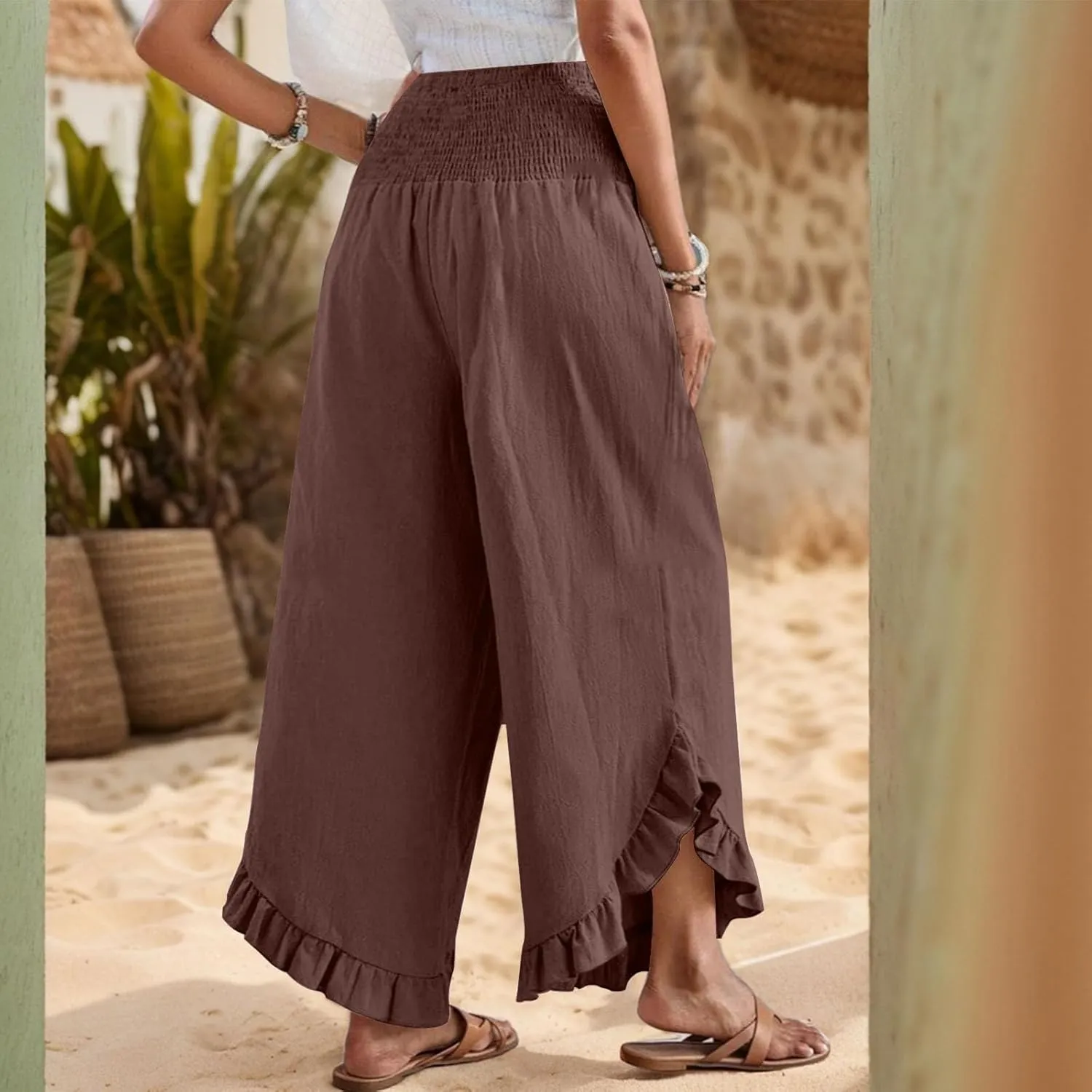 lcyhony Linen Pants Women Summer Palazzo Smocked Waist Ruffle Hem Wide Leg Pants Baggy Flowy Vacation Beach Pant with Pockets