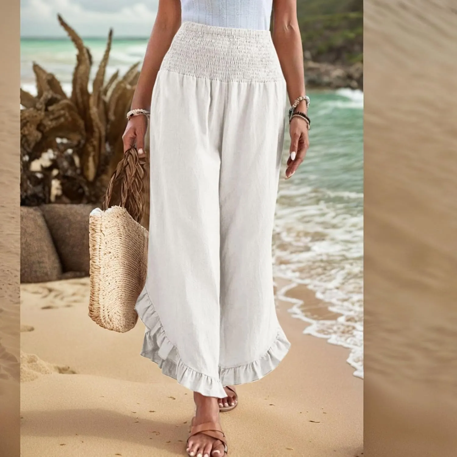 lcyhony Linen Pants Women Summer Palazzo Smocked Waist Ruffle Hem Wide Leg Pants Baggy Flowy Vacation Beach Pant with Pockets