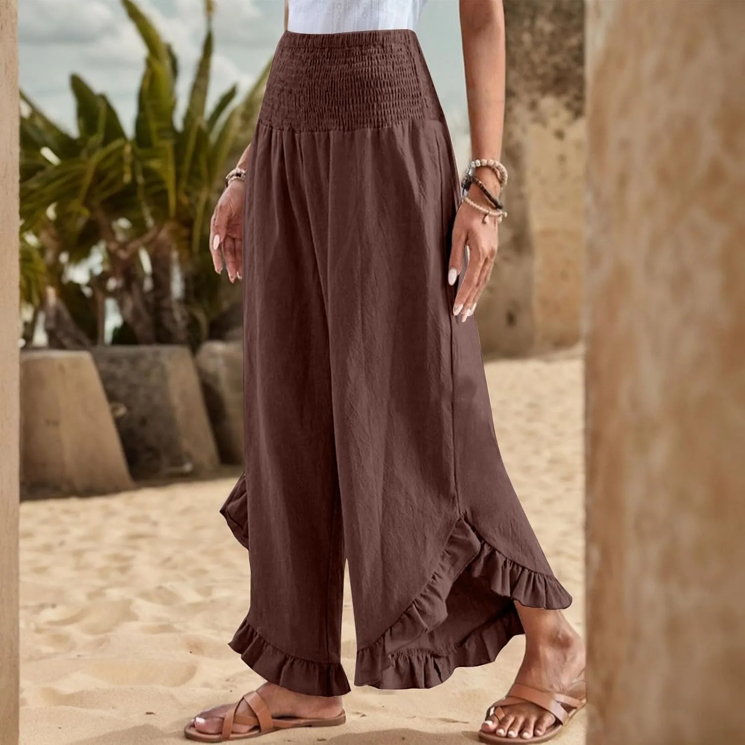 lcyhony Linen Pants Women Summer Palazzo Smocked Waist Ruffle Hem Wide Leg Pants Baggy Flowy Vacation Beach Pant with Pockets