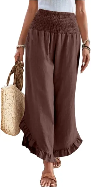 lcyhony Linen Pants Women Summer Palazzo Smocked Waist Ruffle Hem Wide Leg Pants Baggy Flowy Vacation Beach Pant with Pockets