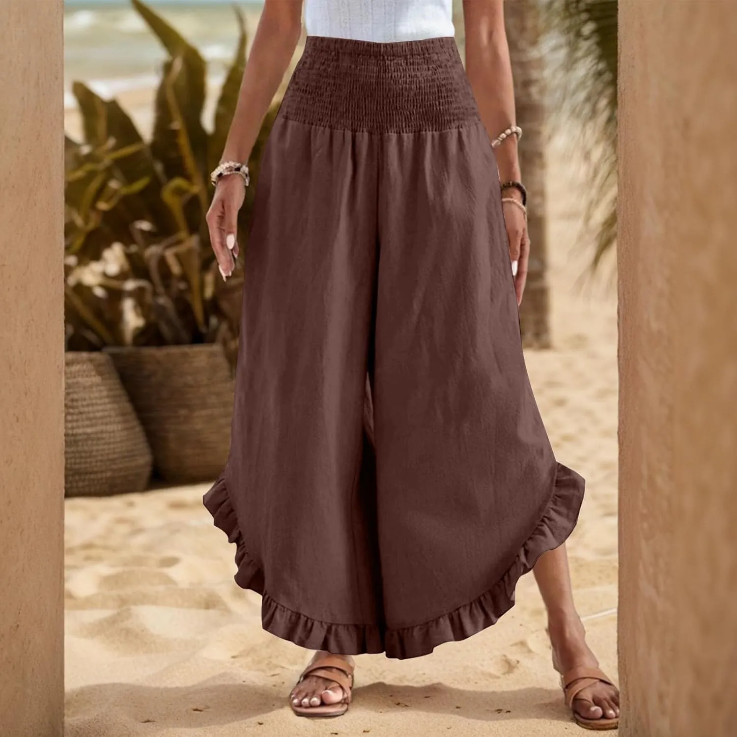 lcyhony Linen Pants Women Summer Palazzo Smocked Waist Ruffle Hem Wide Leg Pants Baggy Flowy Vacation Beach Pant with Pockets