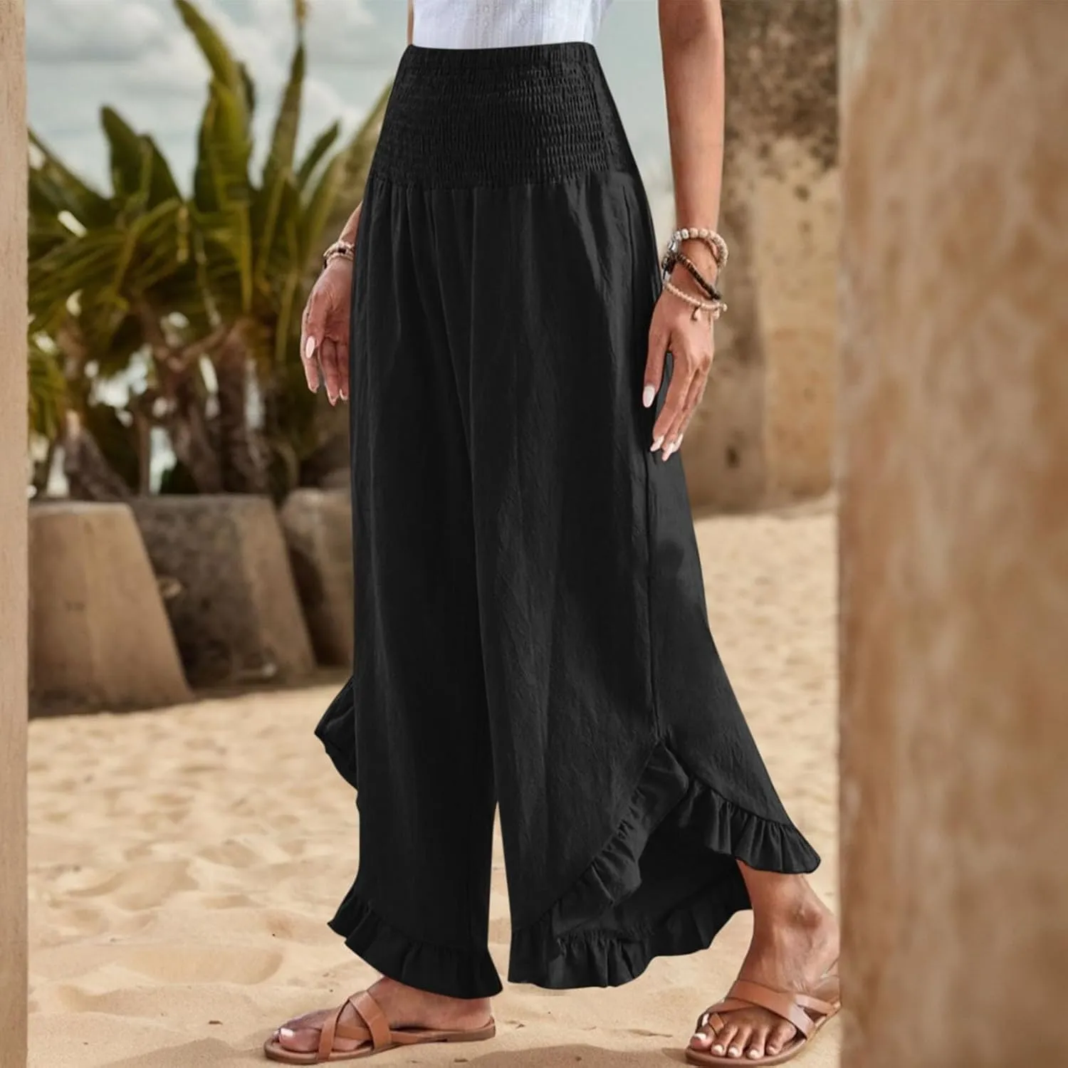lcyhony Linen Pants Women Summer Palazzo Smocked Waist Ruffle Hem Wide Leg Pants Baggy Flowy Vacation Beach Pant with Pockets