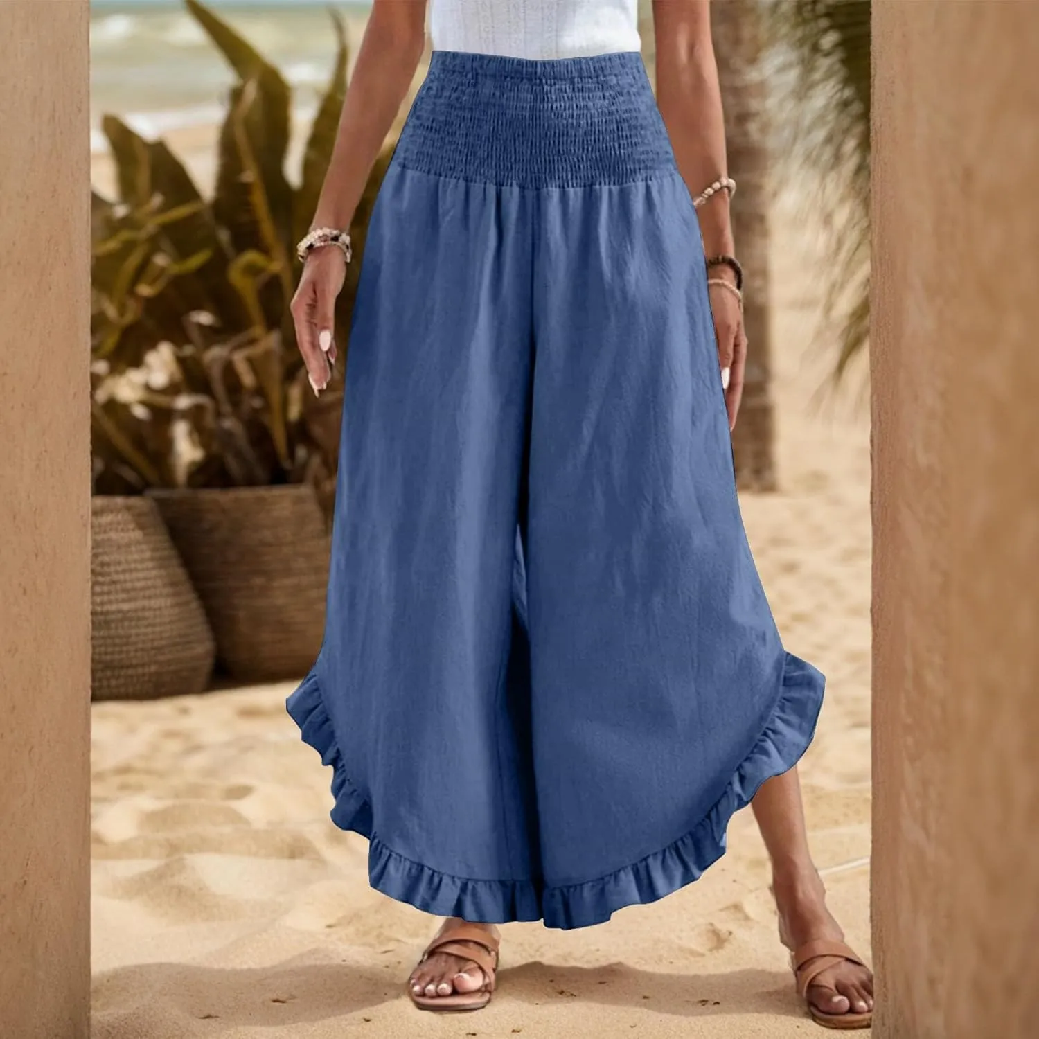 lcyhony Linen Pants Women Summer Palazzo Smocked Waist Ruffle Hem Wide Leg Pants Baggy Flowy Vacation Beach Pant with Pockets
