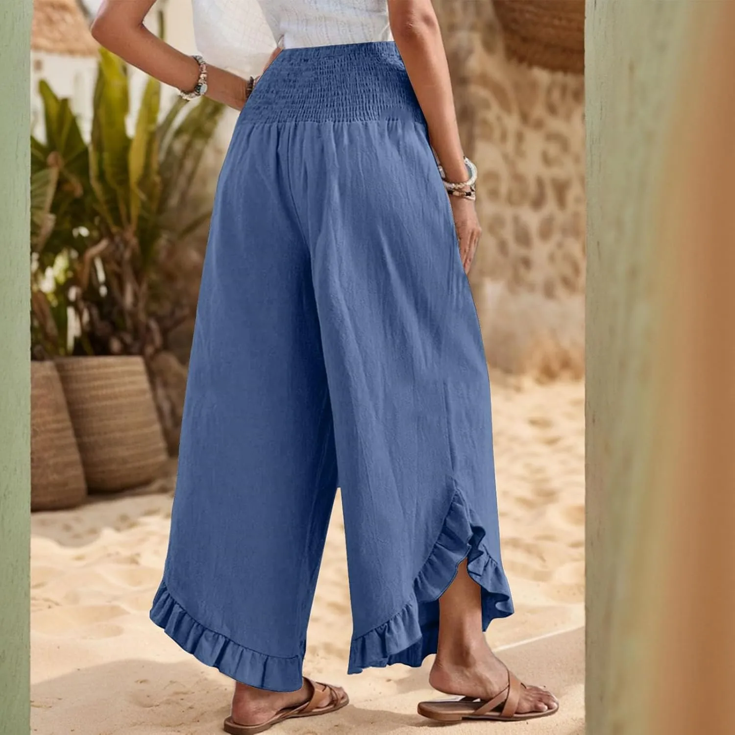 lcyhony Linen Pants Women Summer Palazzo Smocked Waist Ruffle Hem Wide Leg Pants Baggy Flowy Vacation Beach Pant with Pockets