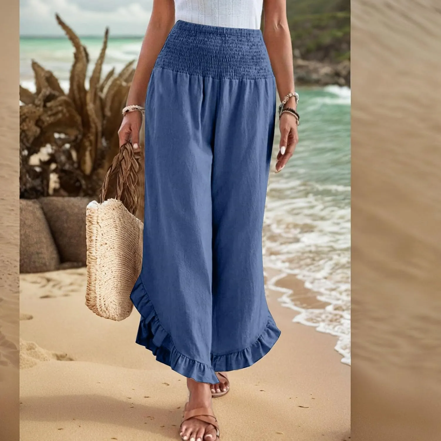 lcyhony Linen Pants Women Summer Palazzo Smocked Waist Ruffle Hem Wide Leg Pants Baggy Flowy Vacation Beach Pant with Pockets