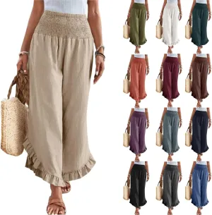 lcyhony Linen Pants Women Summer Palazzo Smocked Waist Ruffle Hem Wide Leg Pants Baggy Flowy Vacation Beach Pant with Pockets
