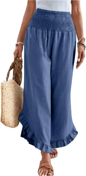 lcyhony Linen Pants Women Summer Palazzo Smocked Waist Ruffle Hem Wide Leg Pants Baggy Flowy Vacation Beach Pant with Pockets