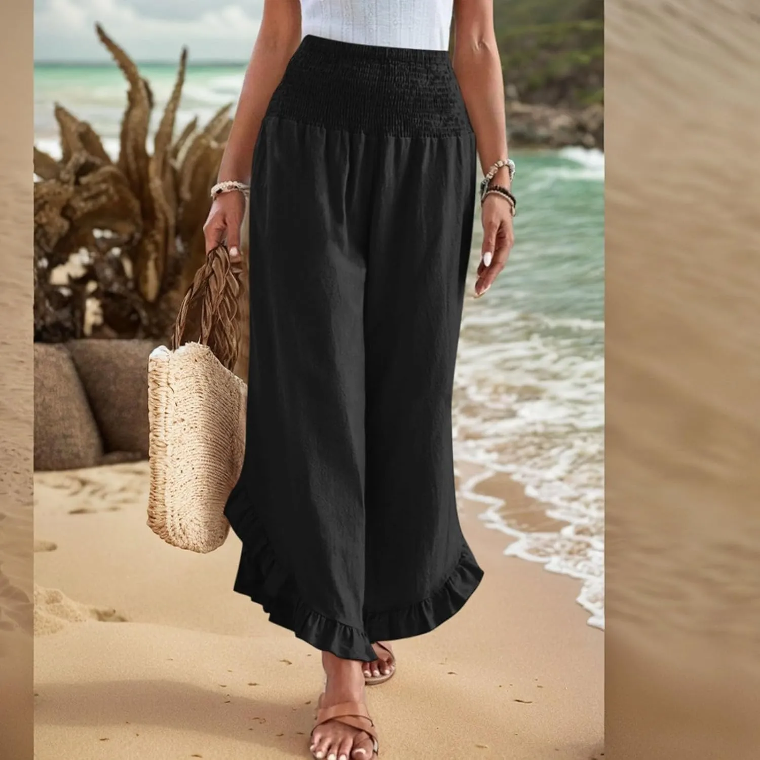 lcyhony Linen Pants Women Summer Palazzo Smocked Waist Ruffle Hem Wide Leg Pants Baggy Flowy Vacation Beach Pant with Pockets