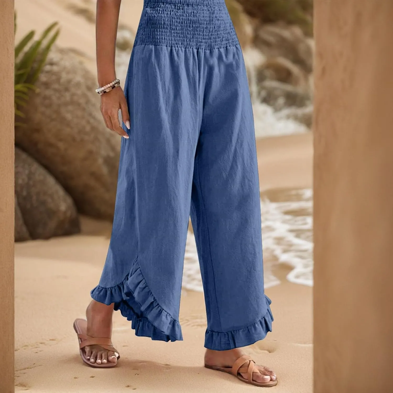 lcyhony Linen Pants Women Summer Palazzo Smocked Waist Ruffle Hem Wide Leg Pants Baggy Flowy Vacation Beach Pant with Pockets