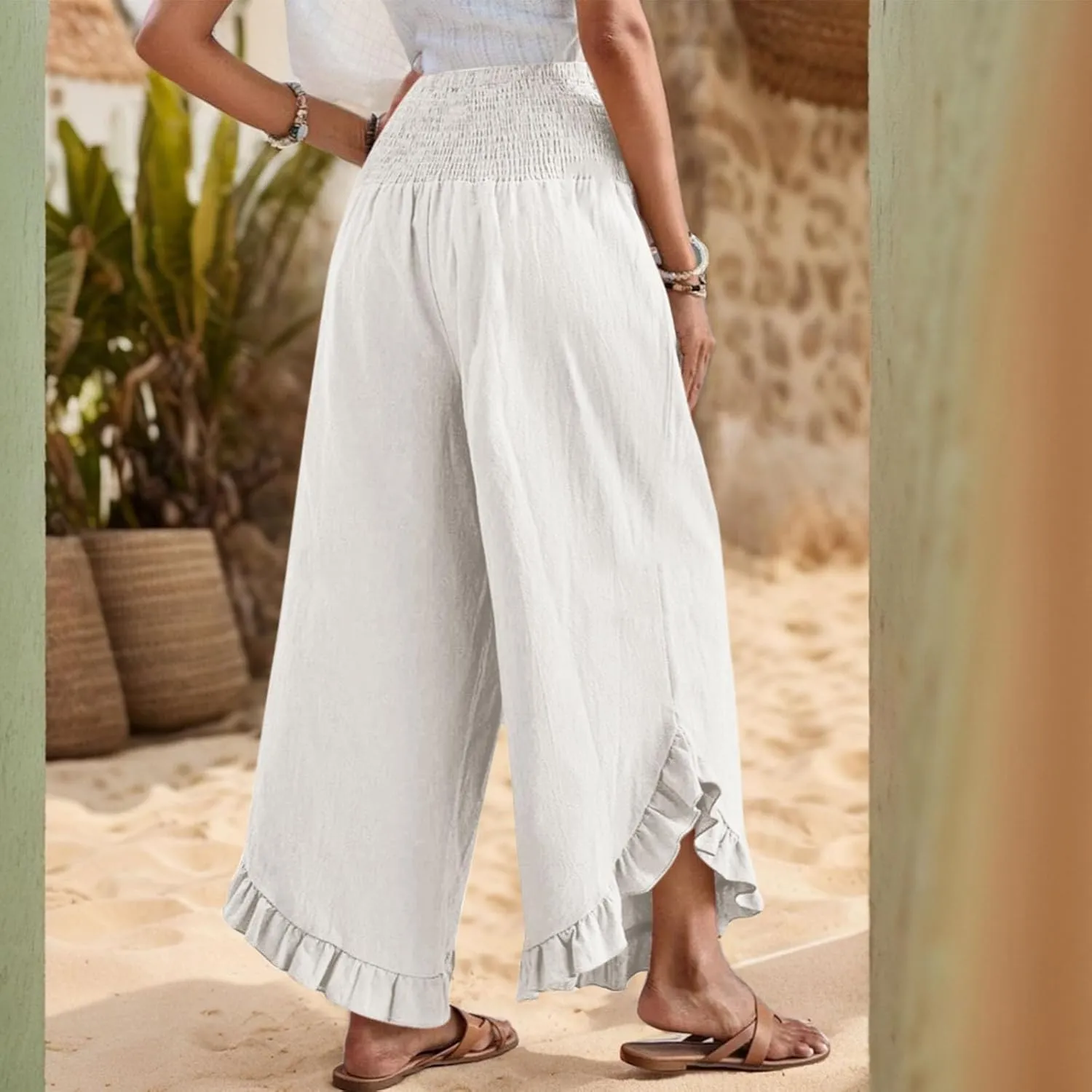 lcyhony Linen Pants Women Summer Palazzo Smocked Waist Ruffle Hem Wide Leg Pants Baggy Flowy Vacation Beach Pant with Pockets