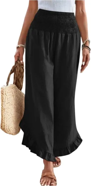 lcyhony Linen Pants Women Summer Palazzo Smocked Waist Ruffle Hem Wide Leg Pants Baggy Flowy Vacation Beach Pant with Pockets