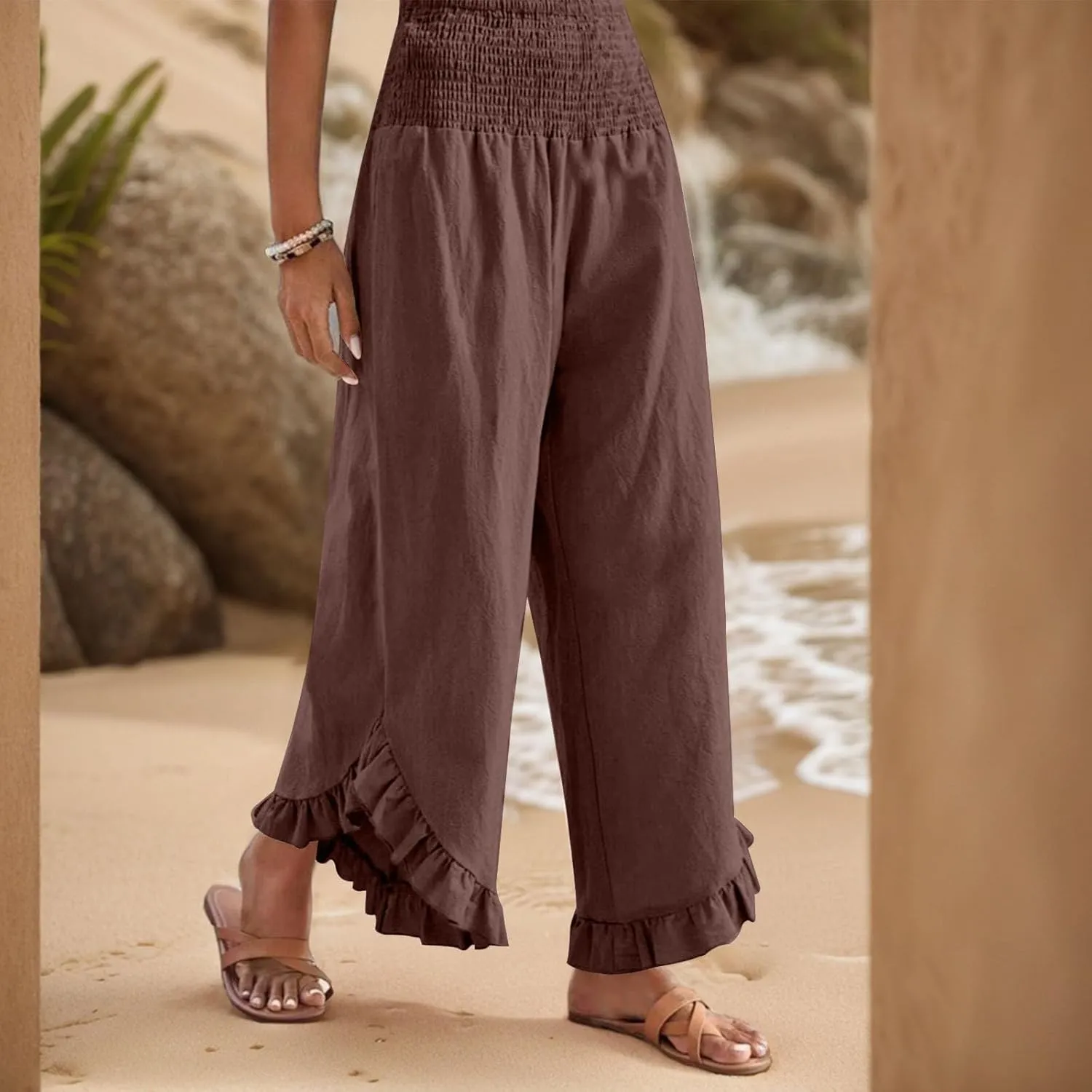 lcyhony Linen Pants Women Summer Palazzo Smocked Waist Ruffle Hem Wide Leg Pants Baggy Flowy Vacation Beach Pant with Pockets