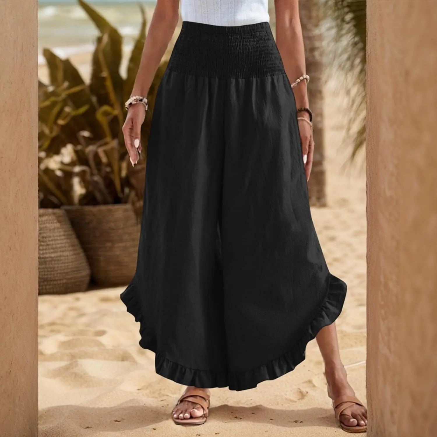 lcyhony Linen Pants Women Summer Palazzo Smocked Waist Ruffle Hem Wide Leg Pants Baggy Flowy Vacation Beach Pant with Pockets