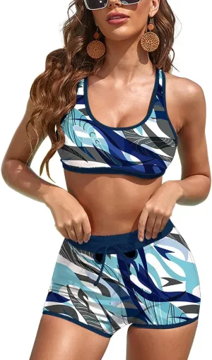 LECAPO Women Sport Bikini Athletic Two Piece High Waisted Swimsuits Racerback Cutout Swimwear with Boyshort Bathing Suit