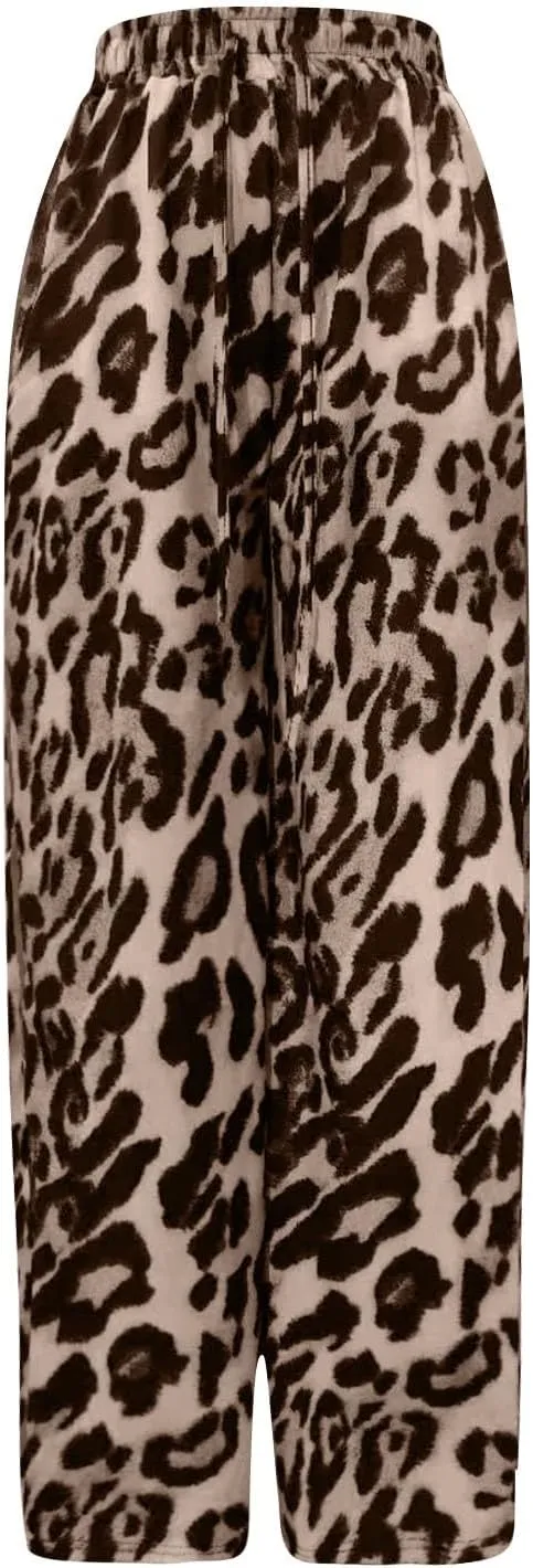 Leopard Print Pants for Women Drawstring High Waisted Color Block Side Striped Straight Leg Wide Leg Loose Pants