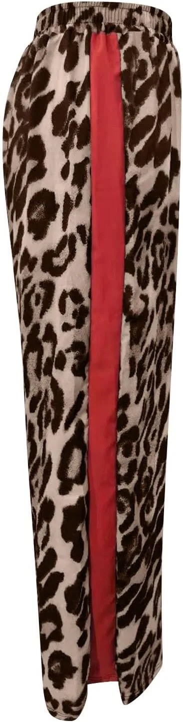 Leopard Print Pants for Women Drawstring High Waisted Color Block Side Striped Straight Leg Wide Leg Loose Pants