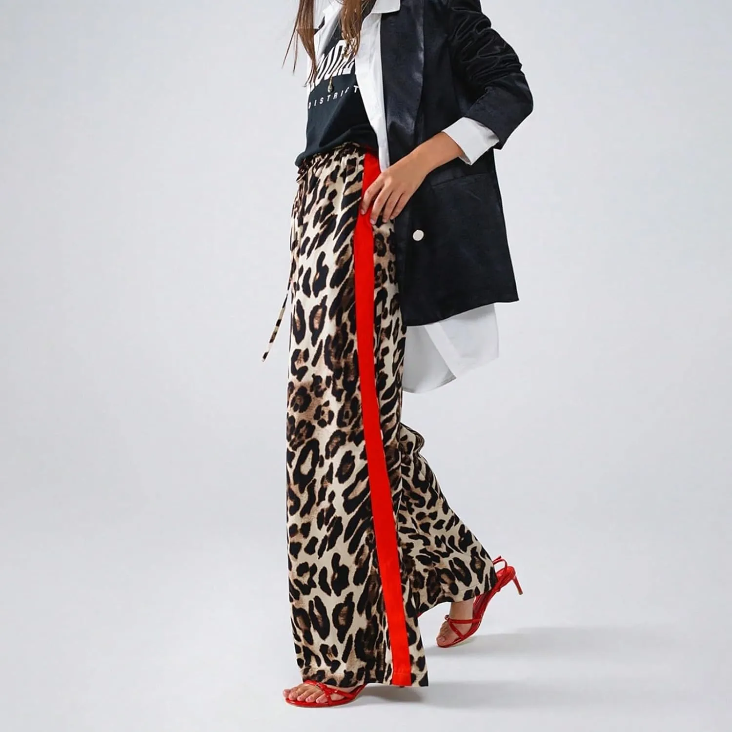 Leopard Print Pants for Women Drawstring High Waisted Color Block Side Striped Straight Leg Wide Leg Loose Pants
