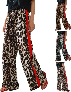 Leopard Print Pants for Women Drawstring High Waisted Color Block Side Striped Straight Leg Wide Leg Loose Pants