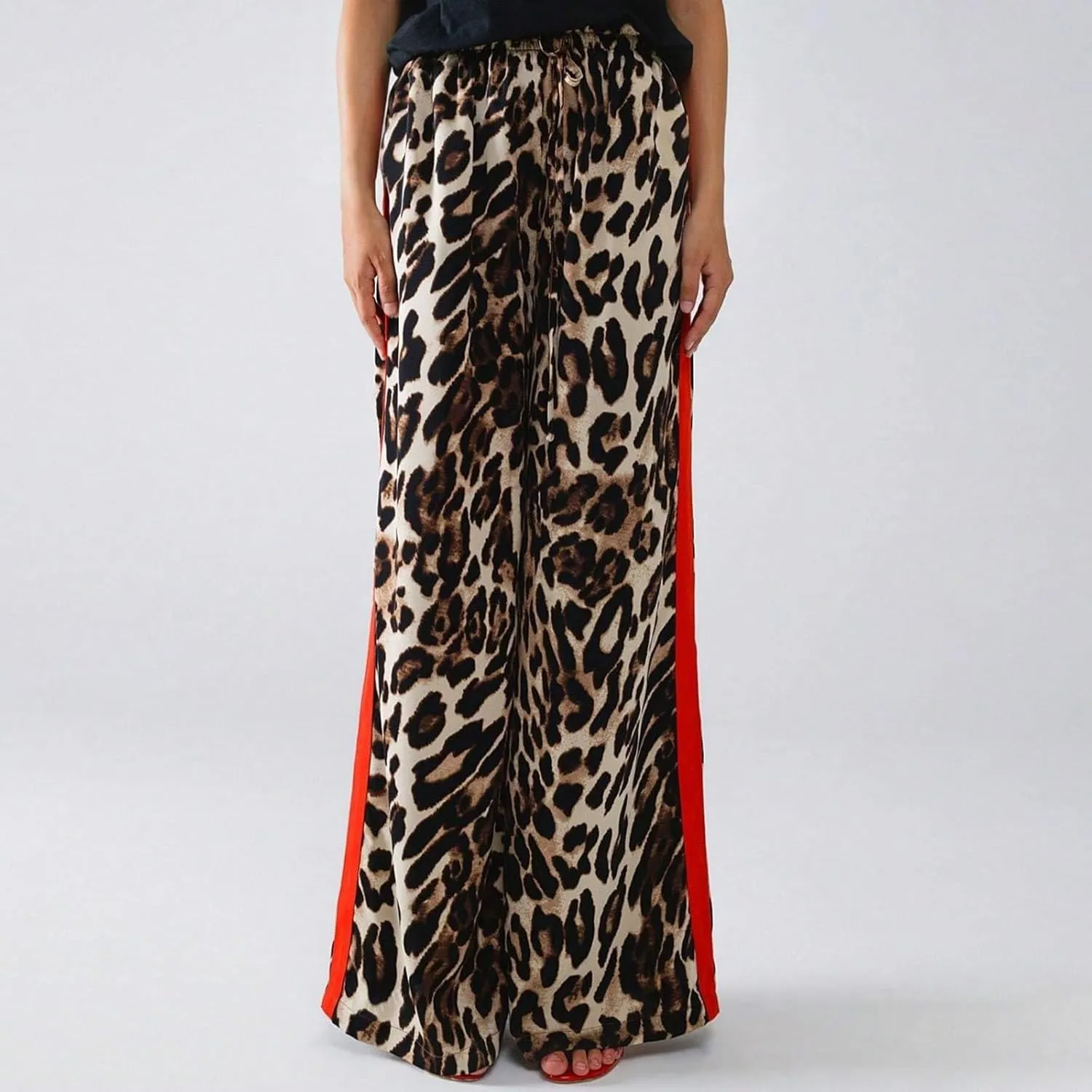 Leopard Print Pants for Women Drawstring High Waisted Color Block Side Striped Straight Leg Wide Leg Loose Pants
