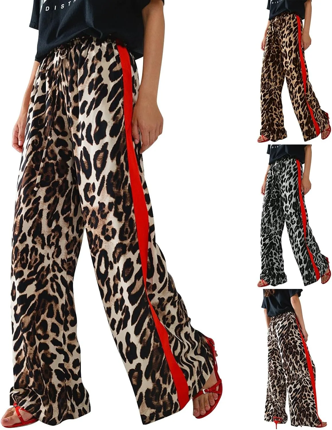 Leopard Print Pants for Women Drawstring High Waisted Color Block Side Striped Straight Leg Wide Leg Loose Pants
