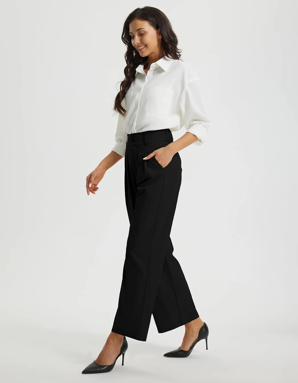 Libin Women's Wide Leg Dress Pants High Waisted Button Pleated Business Work Pants Casual Slacks Trousers with Pockets