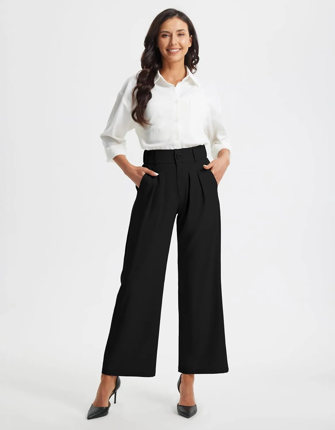 Libin Women's Wide Leg Dress Pants High Waisted Button Pleated Business Work Pants Casual Slacks Trousers with Pockets