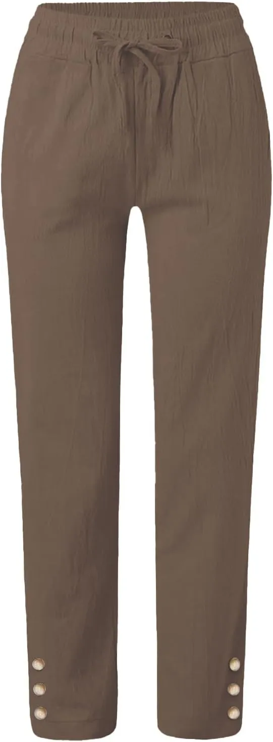 Linen Capris for Women Elastic Pants Long Drawstring Linen Women Waist Cotton Casual Side Button Casual Cropped