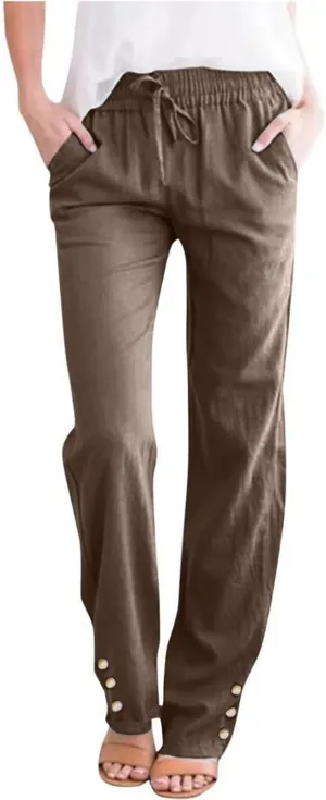 Linen Capris for Women Elastic Pants Long Drawstring Linen Women Waist Cotton Casual Side Button Casual Cropped