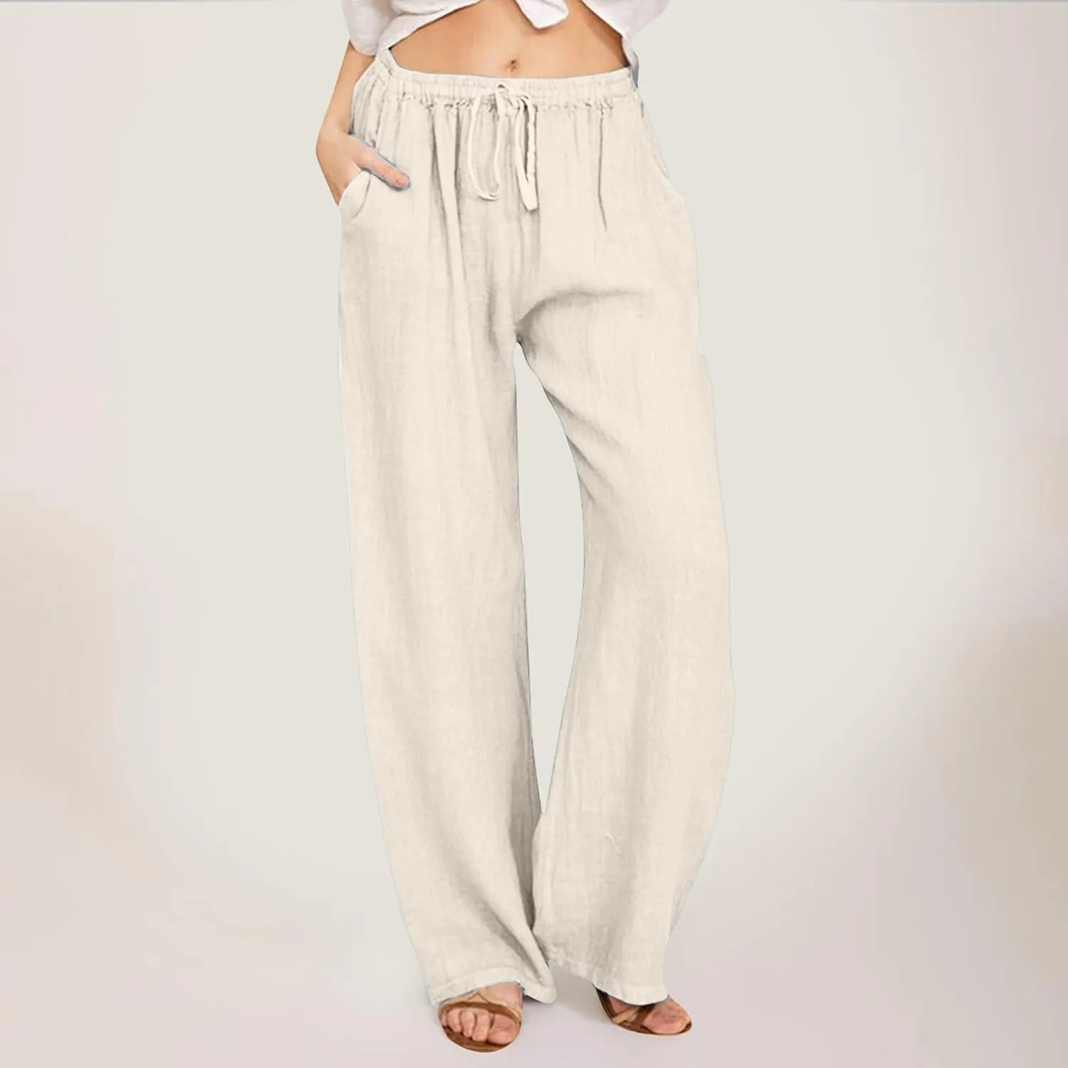 Linen Pants for Women High Waisted Pant Summer Lightweight Cotton Pants Beach Flowy Drawstring Trousers with Pocket