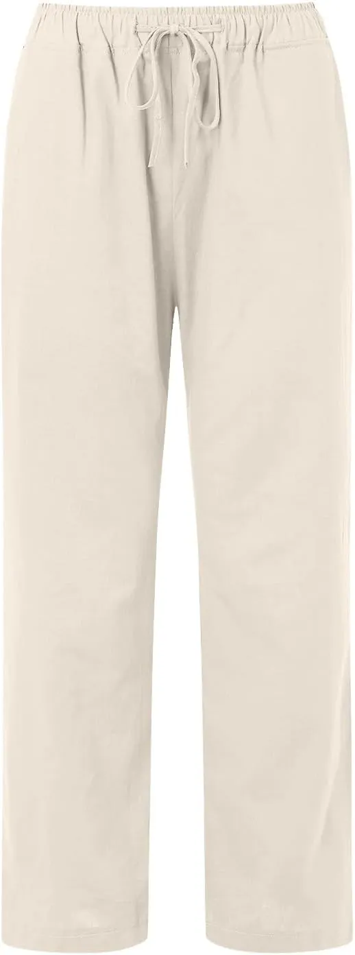 Linen Pants for Women High Waisted Pant Summer Lightweight Cotton Pants Beach Flowy Drawstring Trousers with Pocket