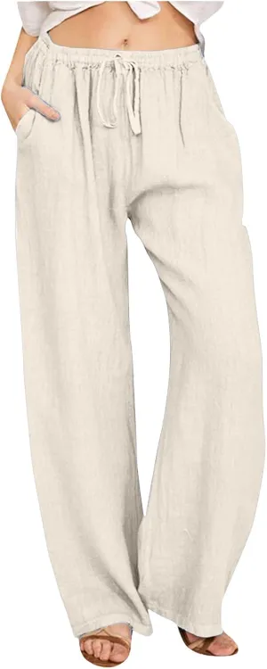 Linen Pants for Women High Waisted Pant Summer Lightweight Cotton Pants Beach Flowy Drawstring Trousers with Pocket