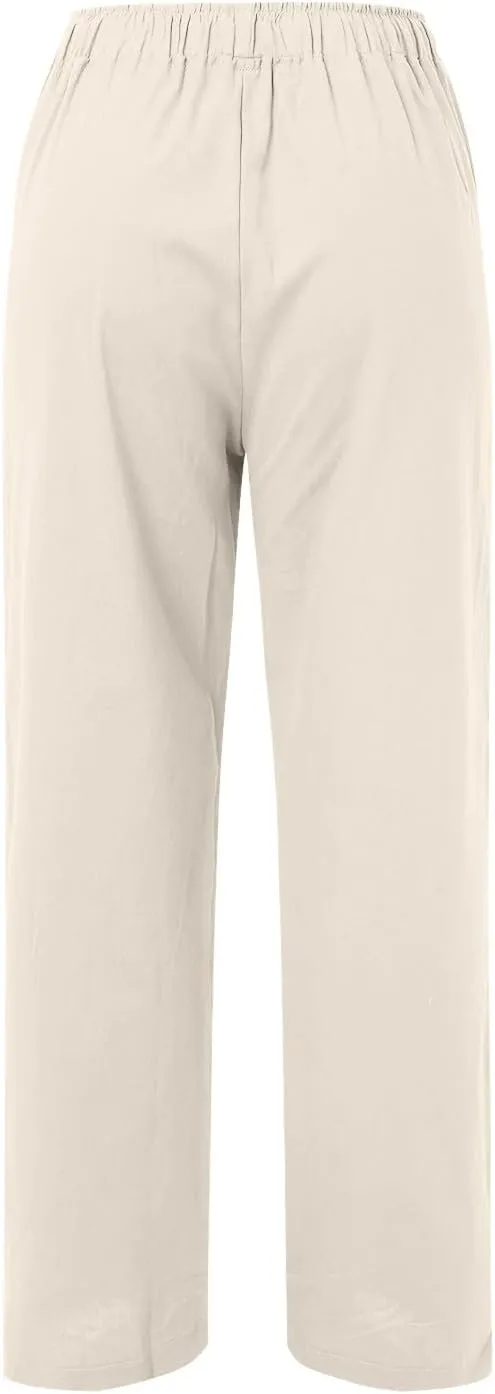Linen Pants for Women High Waisted Pant Summer Lightweight Cotton Pants Beach Flowy Drawstring Trousers with Pocket