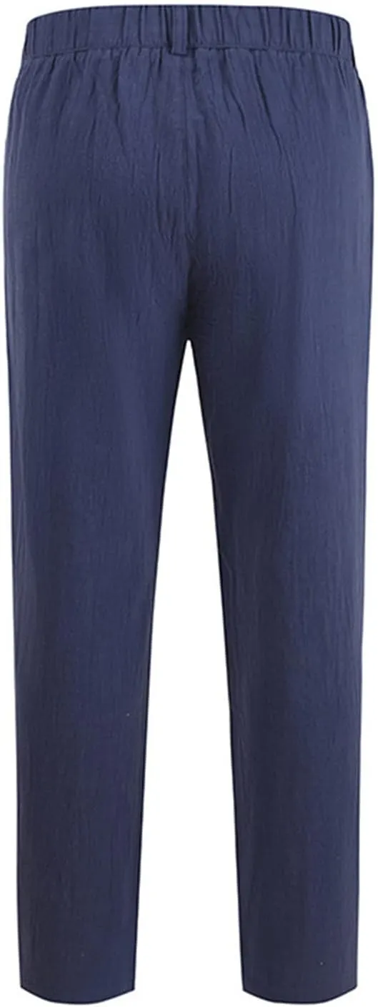 Linen Pants Men Classic Fit Buckle Zipper Solid Dress Pants Casual Stylish Straight Legs Formal Work Trousers