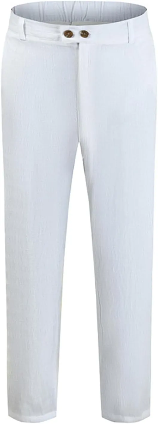 Linen Pants Men Classic Fit Buckle Zipper Solid Dress Pants Casual Stylish Straight Legs Formal Work Trousers