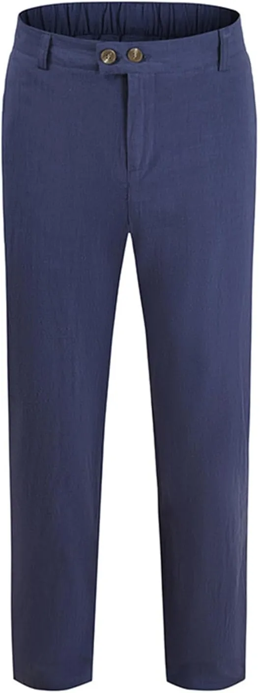 Linen Pants Men Classic Fit Buckle Zipper Solid Dress Pants Casual Stylish Straight Legs Formal Work Trousers