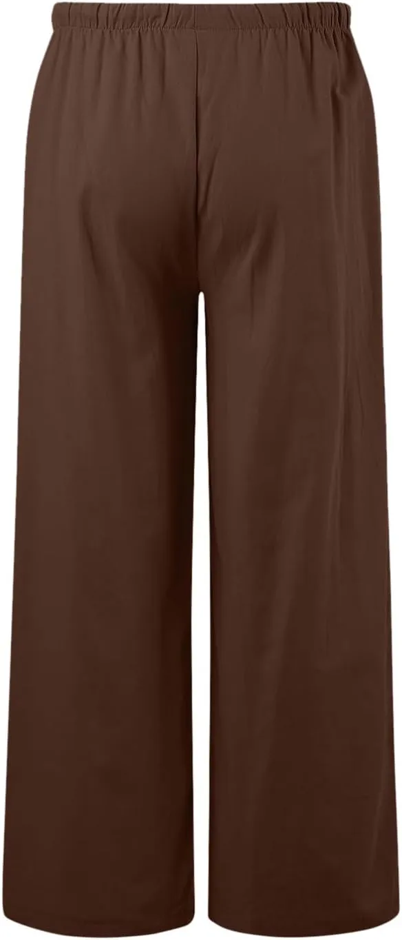 Linen Pants Women Cotton Linen Palazzo Flowy Pants Drawstring Elastic Waist Casual Wide Leg Trousers with Pockets