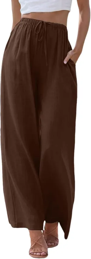 Linen Pants Women Cotton Linen Palazzo Flowy Pants Drawstring Elastic Waist Casual Wide Leg Trousers with Pockets