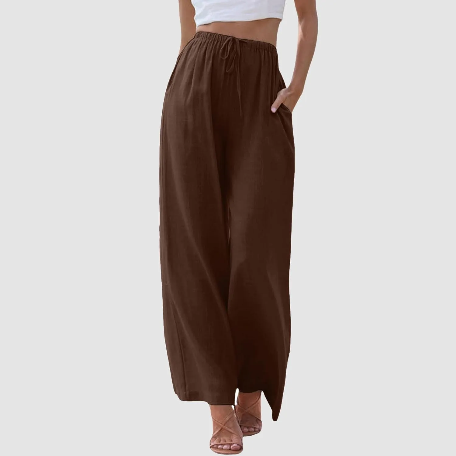 Linen Pants Women Cotton Linen Palazzo Flowy Pants Drawstring Elastic Waist Casual Wide Leg Trousers with Pockets