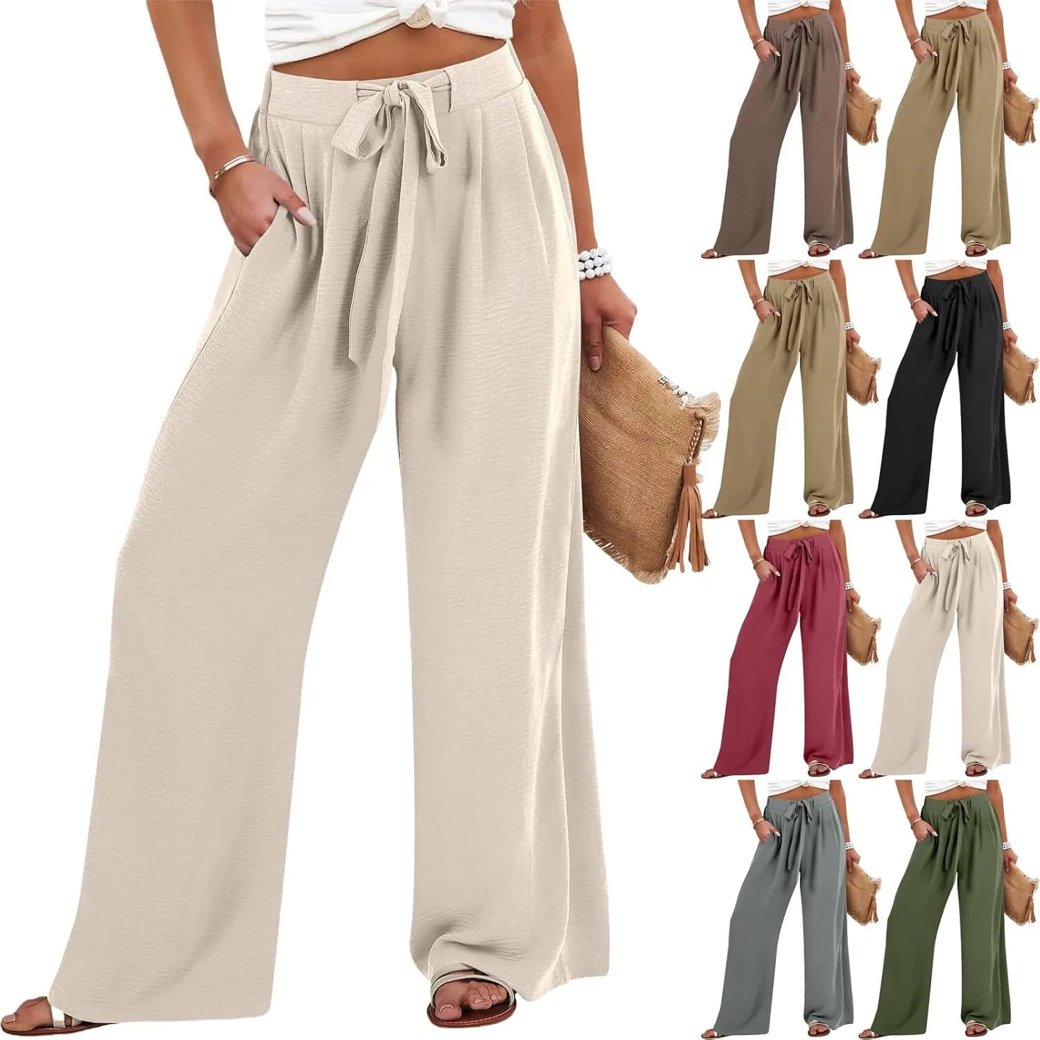 Linen Pants Women High Waisted Flowy Wide Leg Pants Summer Trendy Tie Knot Palazzo Pant Casual Dress Pant