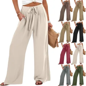Linen Pants Women High Waisted Flowy Wide Leg Pants Summer Trendy Tie Knot Palazzo Pant Casual Dress Pant