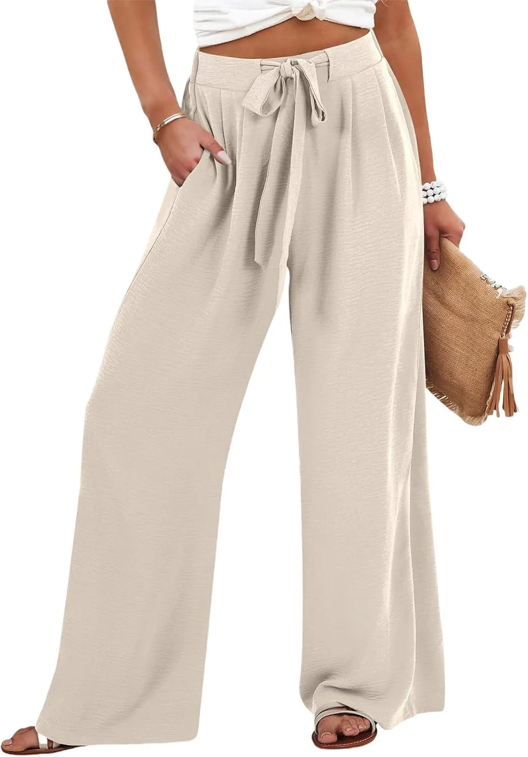 Linen Pants Women High Waisted Flowy Wide Leg Pants Summer Trendy Tie Knot Palazzo Pant Casual Dress Pant