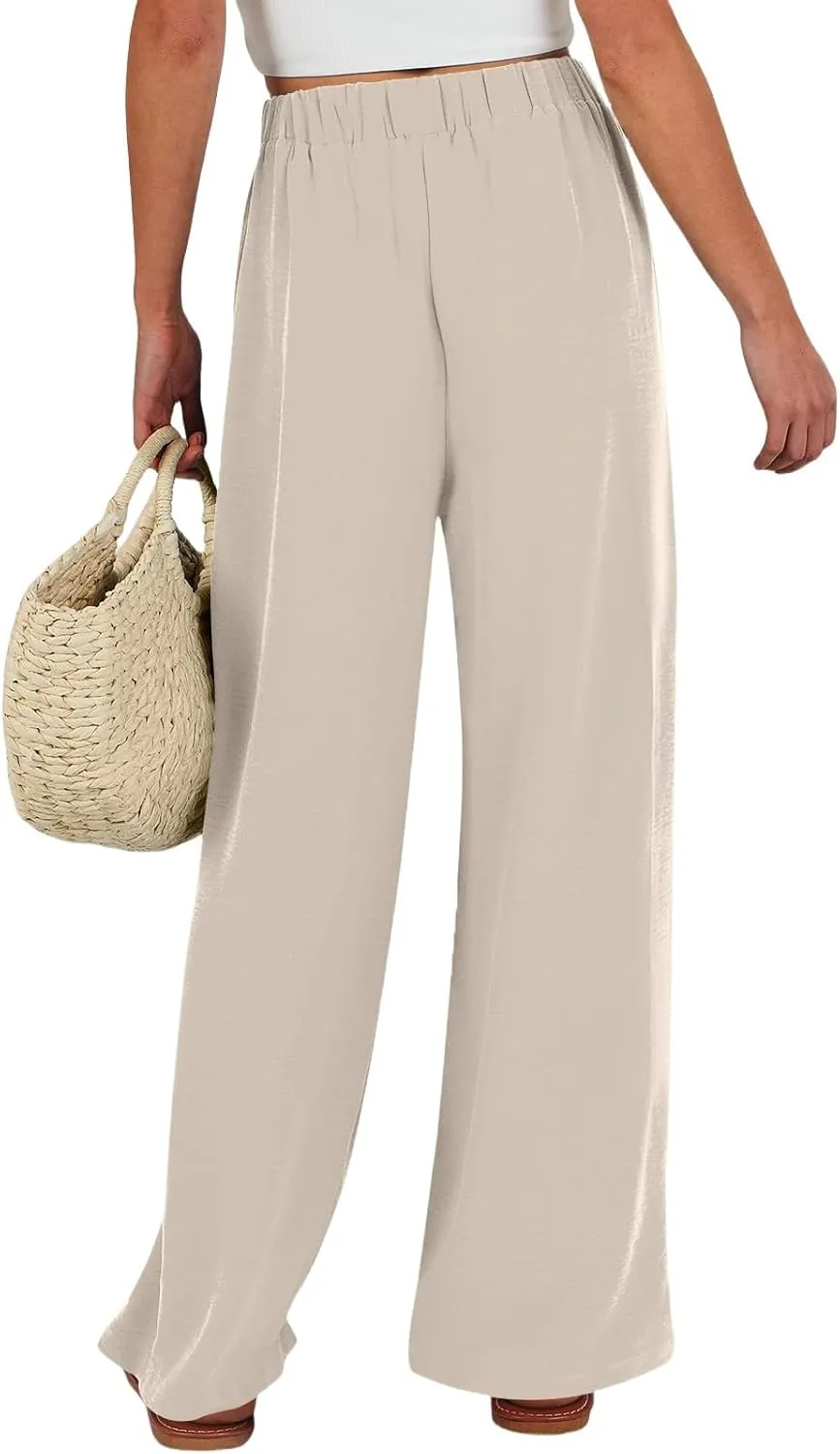 Linen Pants Women High Waisted Flowy Wide Leg Pants Summer Trendy Tie Knot Palazzo Pant Casual Dress Pant